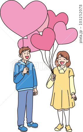 ハートの風船を持った笑顔の人たち_カラー_男の子女の子_全身 ハートの風船を持った笑顔の人たち_カラー_男の子女の子_全身 103252078