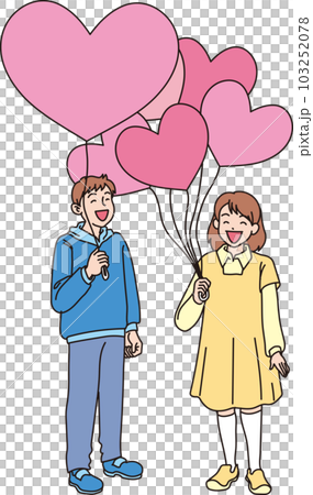 ハートの風船を持った笑顔の人たち_カラー_男の子女の子_全身 ハートの風船を持った笑顔の人たち_カラー_男の子女の子_全身 103252078