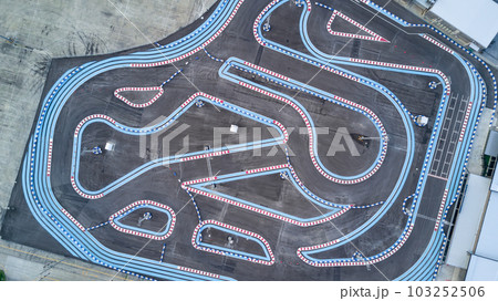 Aerial top view race kart track, Track for auto racing top view, Car race asphalt and curve street circuit, Aerial view asphalt race track. 103252506