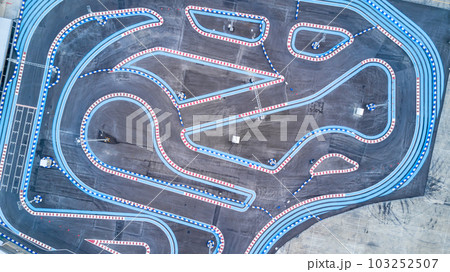 Aerial top view race kart track, Track for auto racing top view, Car race asphalt and curve street circuit, Aerial view asphalt race track. 103252507