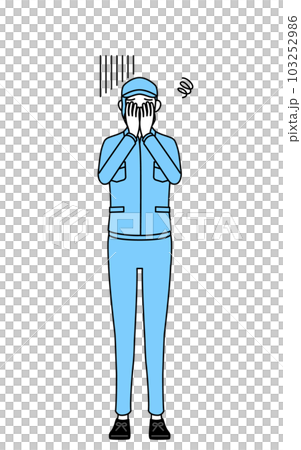 A woman in a hat and work clothes that covers her face depressed 103252986