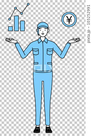 DXのイメージ、業績と売上の向上を案内する帽子と作業着姿の女性 103252991