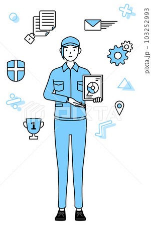DXのイメージ、デジタル技術を利用して業務改善を行う帽子と作業着姿の女性 103252993