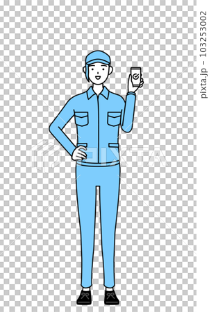 仕事でスマホを使う帽子と作業着姿の女性 仕事でスマホを使う帽子と作業着姿の女性 103253002