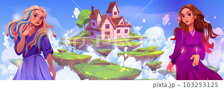 Magic house in sky and standing woman character 103253125