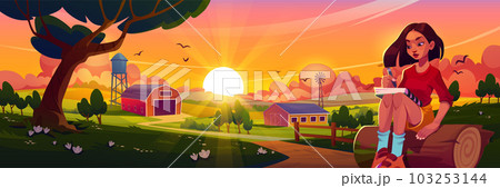 Young woman drawing countryside sunset 103253144
