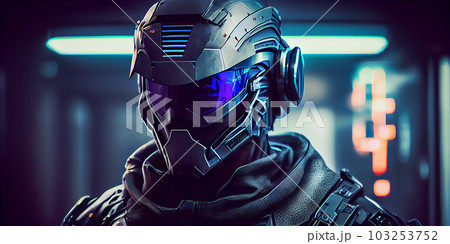AI generative image of policeman or soldier wearing futuristic suit and helmet 103253752