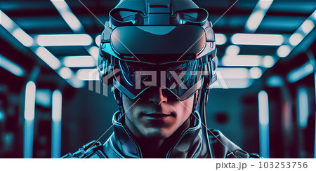 AI generative image of policeman or soldier wearing futuristic suit and helmet AI generative image of policeman or soldier wearing futuristic suit and helmet 103253756