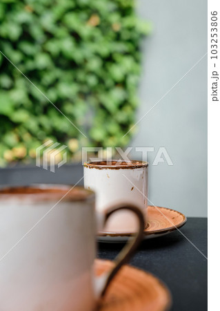Focus on the far side of the espresso. Two cups of Turkish black frothy coffee on black stone table with branches of wild ivy in the background, bizet next to the cup. Vertical frame, selective focus Focus on the far side of the espresso. Two cups of Turkish black frothy coffee on black stone table with branches of wild ivy in the background, bizet next to the cup. Vertical frame, selective focus 103253806