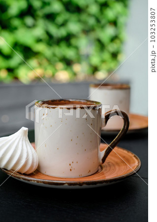 Cup of Turkish black frothy coffee on a black stone table with branches of wild ivy in the background, bizet next to the cup. Vertical frame, selective focus Cup of Turkish black frothy coffee on a black stone table with branches of wild ivy in the background, bizet next to the cup. Vertical frame, selective focus 103253807