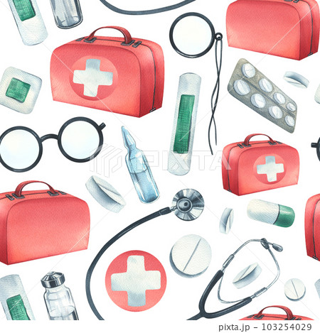 A set of medical equipment with a red first aid case. Watercolor illustration, hand drawn. Seamless pattern on a white background, for the design and design of hospitals, clinics, pharmacies. 103254029