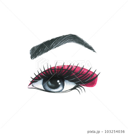 Female open eye with eyebrow, eyelashes and pink shadows. Watercolor illustration, hand drawn. Isolated object on a white background. For cosmetics, beauty salons and masters. Female open eye with eyebrow, eyelashes and pink shadows. Watercolor illustration, hand drawn. Isolated object on a white background. For cosmetics, beauty salons and masters. 103254036