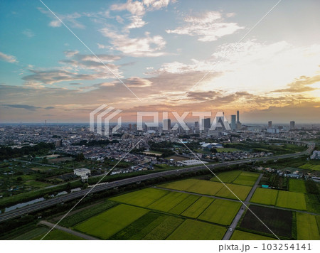 「埼玉県」ドローンで見沼田んぼの夕景を空撮 103254141