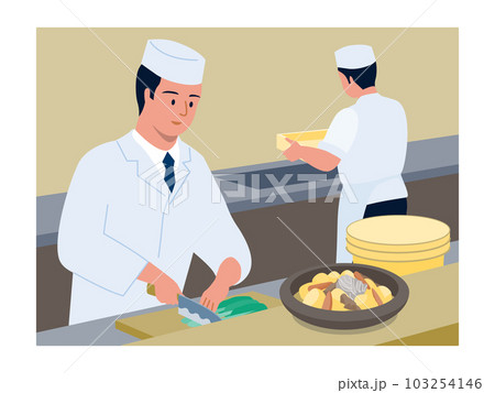和食屋さんの厨房で包丁をもって野菜を切る板前さんのベクターイラスト 和食屋さんの厨房で包丁をもって野菜を切る板前さんのベクターイラスト 103254146
