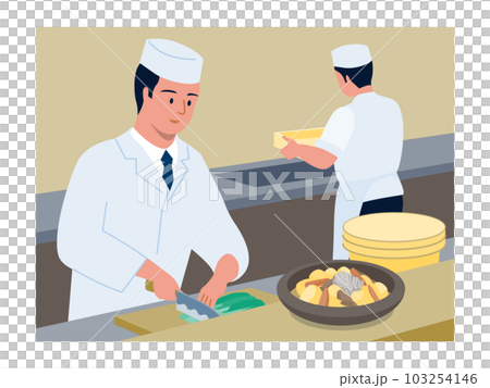 和食屋さんの厨房で包丁をもって野菜を切る板前さんのベクターイラスト 和食屋さんの厨房で包丁をもって野菜を切る板前さんのベクターイラスト 103254146