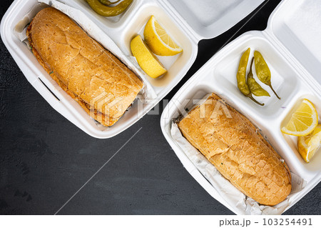 Chicken tantuni kebab Somun ekmek tavuk, in plastic pack container delivery lunch box, on black dark stone table background, top view flat lay, with copy space for text Chicken tantuni kebab Somun ekmek tavuk, in plastic pack container delivery lunch box, on black dark stone table background, top view flat lay, with copy space for text 103254491