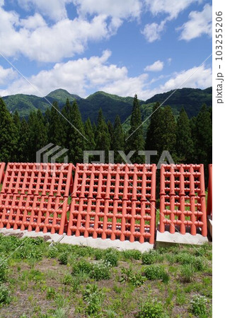 信州 小谷村の砂防施設 ガン沢砂防堰堤 朱色の大規模鋼製スリットが特徴的 信州 小谷村の砂防施設 ガン沢砂防堰堤 朱色の大規模鋼製スリットが特徴的 103255206