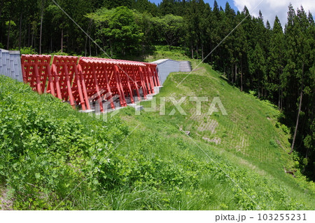 信州　小谷村の砂防施設　ガン沢砂防堰堤　朱色の大規模鋼製スリットが特徴的 103255231