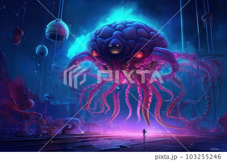 Gigantic extraterrestrial creature exploring the depths of a neon - lit alien ocean illustration generative ai 103255246