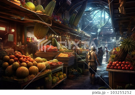 Intergalactic marketplace where aliens trade exotic fruits alien character illustration generative ai 103255252