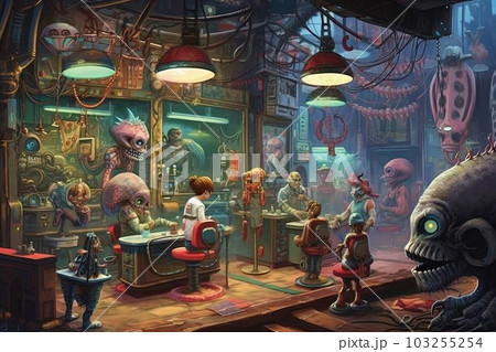 Interplanetary barbershop run by aliens alien character illustration generative ai 103255254