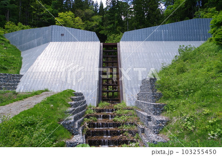 信州　小谷村の砂防施設　大草連砂防堰堤　スリット鋼板で覆われた堰堤 103255450