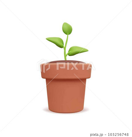 Plant with leaves in pot. Flower, grass. Gardening concept. 3d vector illustration. Trendy style. 103256748