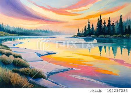 Mountain lake and trees landscape pastel water color wallpaper, abstract background Mountain lake and trees landscape pastel water color wallpaper, abstract background 103257088