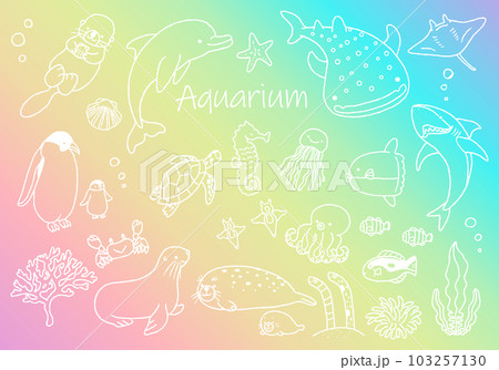 水族館にいるかわいい生き物たちのイラストセット　てがき線画 103257130