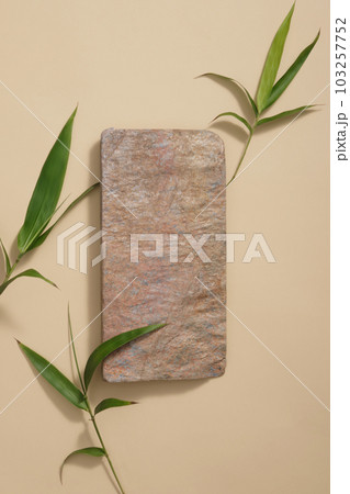 Top view of brown rectangle podium decorated on brown background with green bamboo leaves. Blank space for your product design and display. Minimal style, advertising photo Top view of brown rectangle podium decorated on brown background with green bamboo leaves. Blank space for your product design and display. Minimal style, advertising photo 103257752