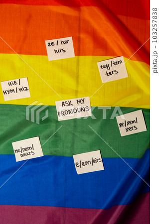 ASK MY PRONOUN Neo pronouns concept. Rainbow flag with paper notes text gender pronouns hie, e, ne, xe, ze, tey. Non-binary people rights transgenders. Lgbtq community support assume my gender ASK MY PRONOUN Neo pronouns concept. Rainbow flag with paper notes text gender pronouns hie, e, ne, xe, ze, tey. Non-binary people rights transgenders. Lgbtq community support assume my gender 103257838