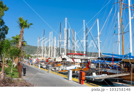 Pier with parked yachts marina and sailing boats at harbor Pier with parked yachts marina and sailing boats at harbor 103258146