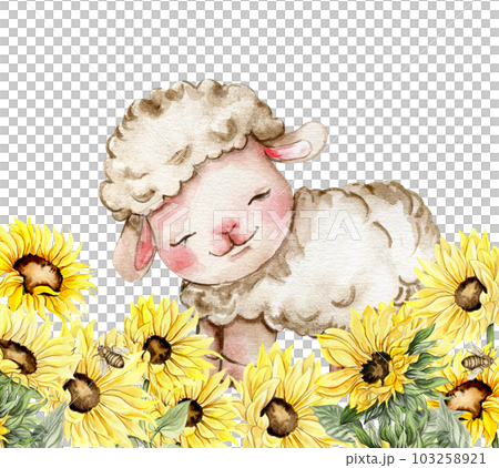 Watercolor hand drawn cute wWatercolor hand drawnhite fluffy sheep sitting in the sunflowers. Illustration of farm baby animal . Perfect for wedding invitation, greetings card, poster, fabric pattern. 103258921