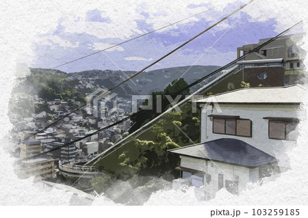 水彩画風 長崎 グラバースカイロード 斜行エレベーター 長崎県長崎市 水彩画風 長崎 グラバースカイロード 斜行エレベーター 長崎県長崎市 103259185