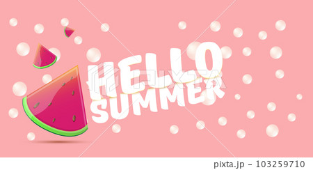 Vector Hello Summer Beach Party horizontal banner Design template with fresh watermelon slice isolated on pink background. Hello summer concept label or poster with fruit and typographic text. Vector Hello Summer Beach Party horizontal banner Design template with fresh watermelon slice isolated on pink background. Hello summer concept label or poster with fruit and typographic text. 103259710