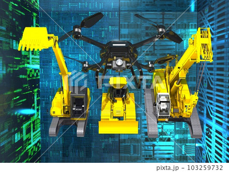 パワーショベルなどの重機とICT建設を含む未来的最先端イメージ(3DCG) 103259732