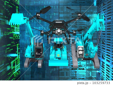 パワーショベルなどの重機とICT建設を含む未来的最先端イメージ(3DCG) 103259733