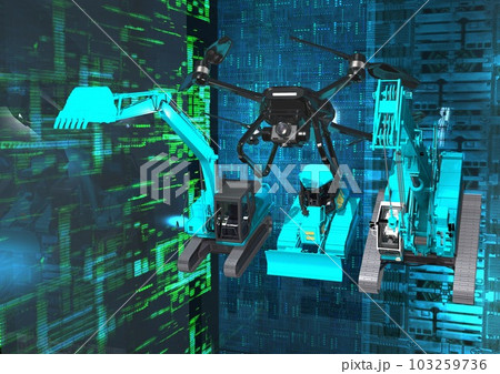 パワーショベルなどの重機とICT建設を含む未来的最先端イメージ(3DCG) 103259736