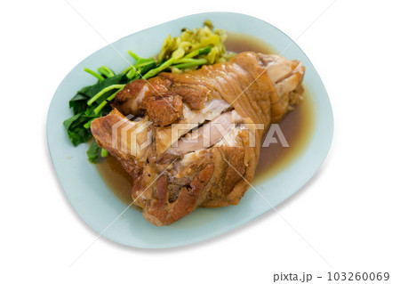Top view of Braised Pork Hock with kale, focus selective Top view of Braised Pork Hock with kale, focus selective 103260069