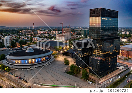 Katowice centre and office towers buildings and Spodek at evening 103260723