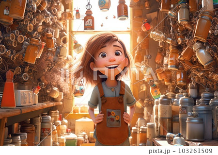 cartoon Cheerful and optimistic girl with a knack for turning everyday tasks into joyful and whimsical experiences anime manga illustration generative ai 103261509