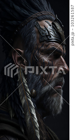 A Viking warrior, semi-profile, wrinkled face, bright brown eyes. Generate Ai. 103261587
