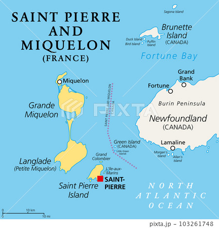 Saint Pierre and Miquelon, political map. Archipelago and self-governing territorial overseas collectivity of France in the North Atlantic Ocean, near Canadian province of Newfoundland and Labrador. 103261748
