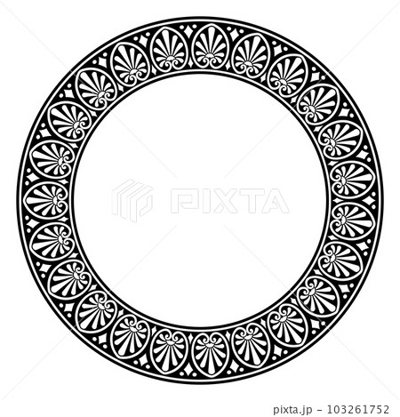 Conventional foliage, circle frame with Classical Greek pattern. Decorative circular border, made of repeated conventional leafage pattern, as found on pottery. Isolated illustration over white. Conventional foliage, circle frame with Classical Greek pattern. Decorative circular border, made of repeated conventional leafage pattern, as found on pottery. Isolated illustration over white. 103261752
