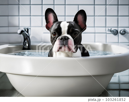 A boston terrier bathing in a sink. Generate Ai A boston terrier bathing in a sink. Generate Ai 103261852