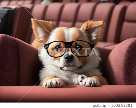 Cute dog watching a movie in cinema glasses.... - Stock ...