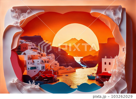 Santorini, Greece, sunset, paper art. Generate Ai Santorini, Greece, sunset, paper art. Generate Ai 103262029