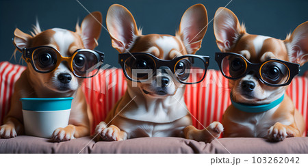 Three cute chihuahua with popcorn watching a movie in cinema. Generate Ai 103262042