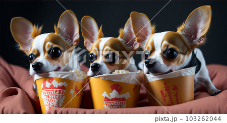 Three cute chihuahua with popcorn watching a movie in cinema. Generate Ai 103262044