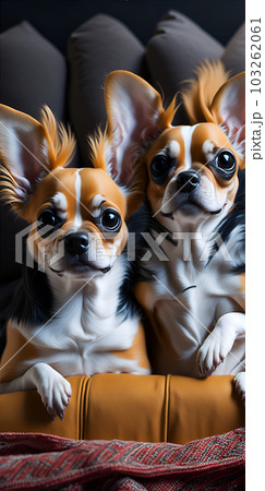 Three cute chihuahua with popcorn watching a movie in cinema. Generate Ai 103262061